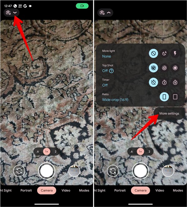 Selecting "More settings" option from Google Camera. 