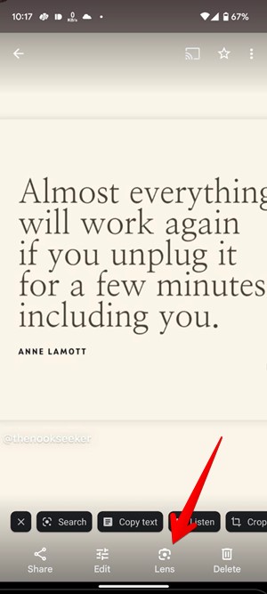 Tapping on "Lens" button in Google Photos app. 