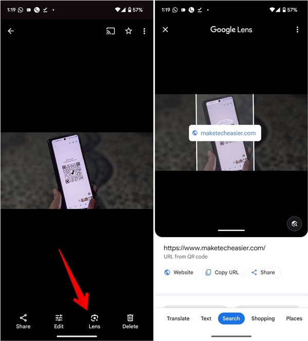 Tapping on "Lens" icon in Google Photos app to scan QR code from image.