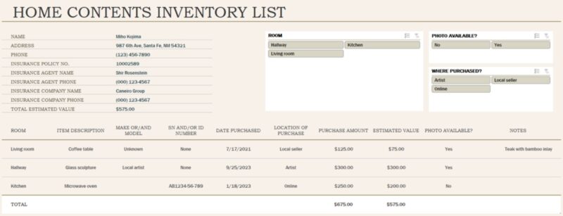 Home Inventory template for Excel