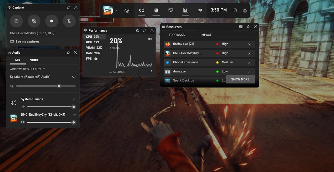 Xbox Game Bar overlaid over game in Windows. 