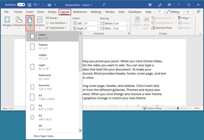 Size on the Layout tab in Word on Windows