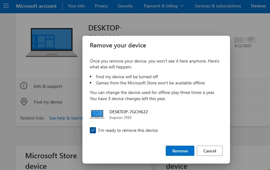 Windows laptop being removed from Microsoft account using Find My Device.