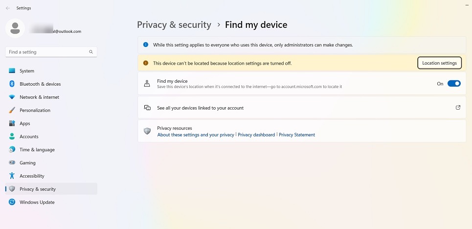 The location of Find My Device on a Windows 11 PC