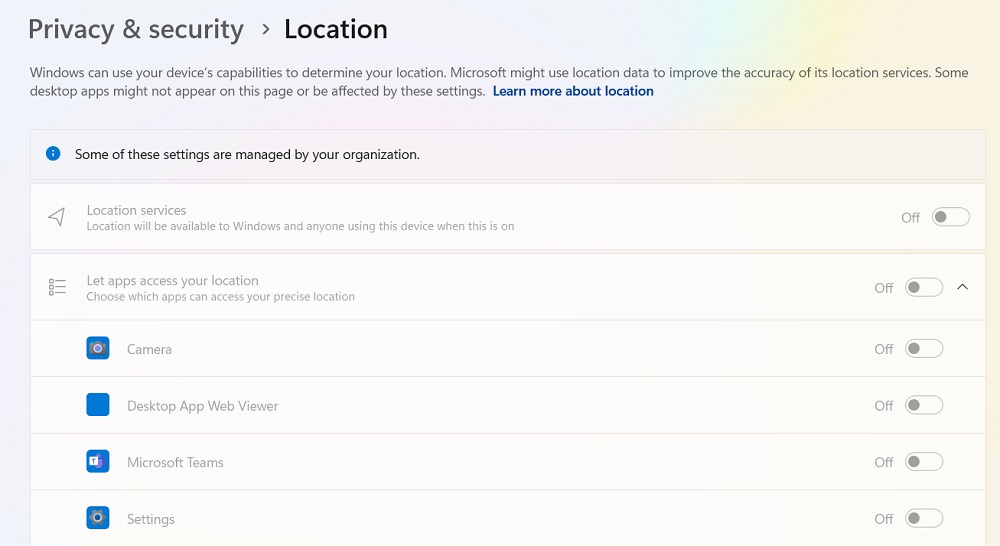 Location services greyed out in Windows 11 computer.