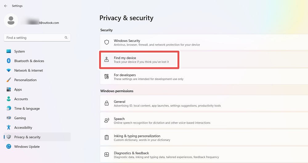 Find My Device navigation in System Settings of Windows 11.