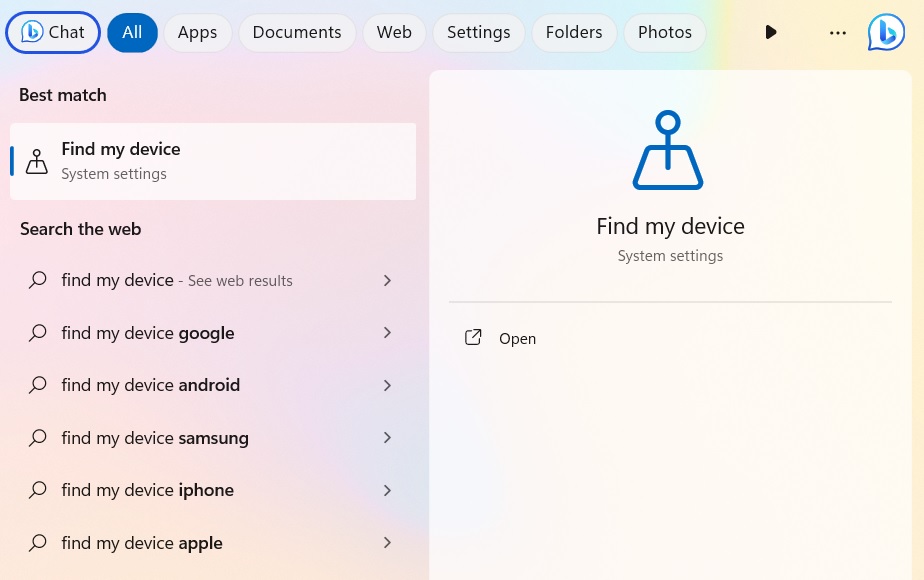 Searching for Find My Device app in Windows Search.