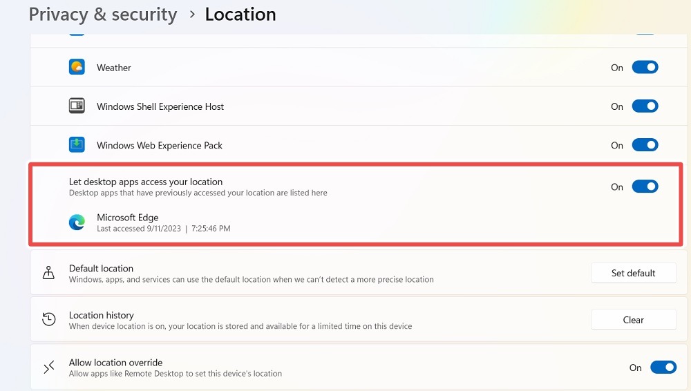 Let desktop apps access your location on Windows is enabled with Edge browser visibility.