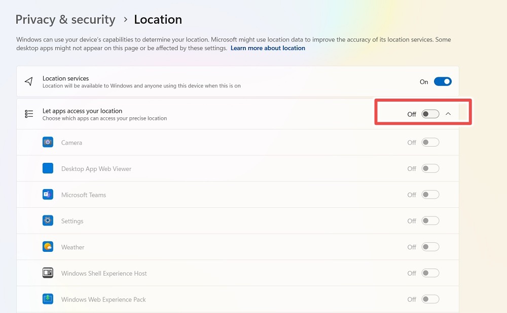 Location services enabled on Windows computer, and "Let apps access your location" is disabled.