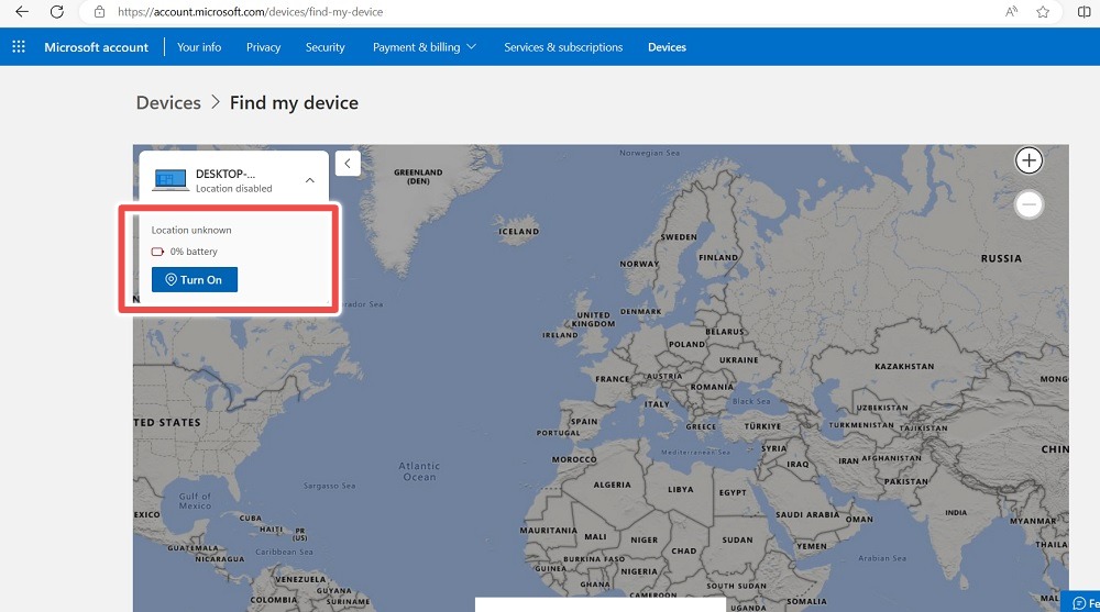 Find My Device online in Microsoft account with location disabled and "Turn on" to be enabled.