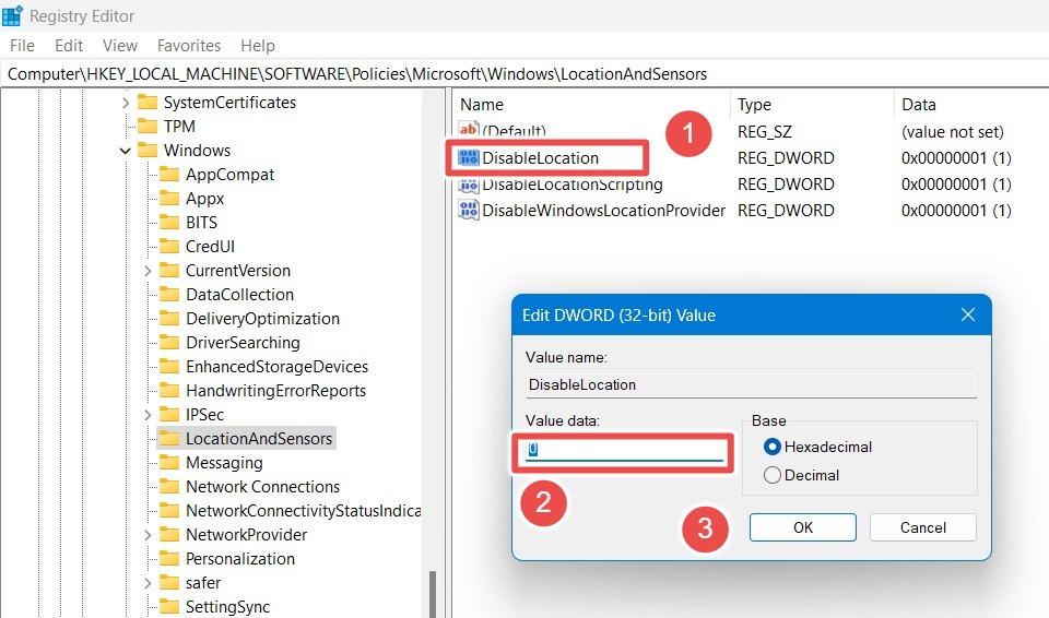 Setting the DisableLocation DWORD value data as "0."