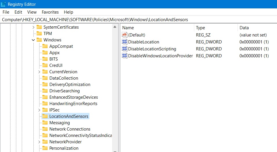 Locations and Sensors key in Windows Registry Editor.