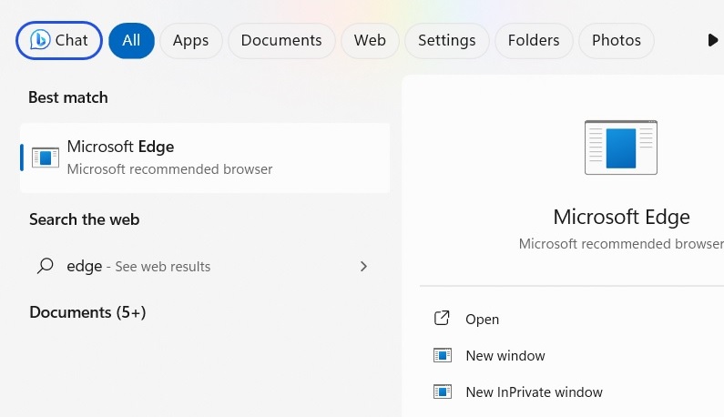 Microsoft Edge browser icon missing in search menu.