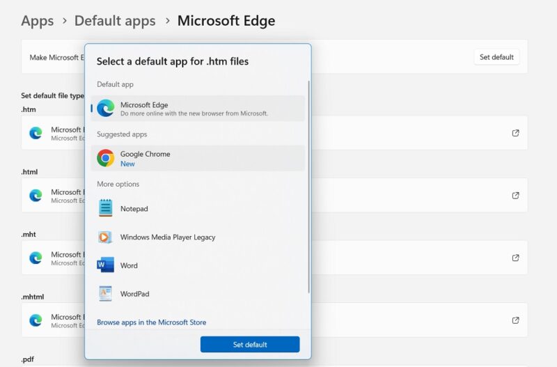 Changing the default app for various file extensions from Edge to Chrome.