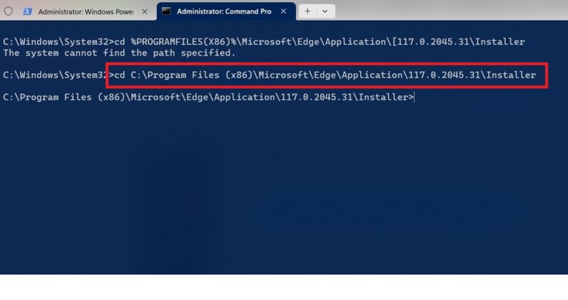 Copying Microsoft Edge installer location in Command Prompt to direct to that folder path.