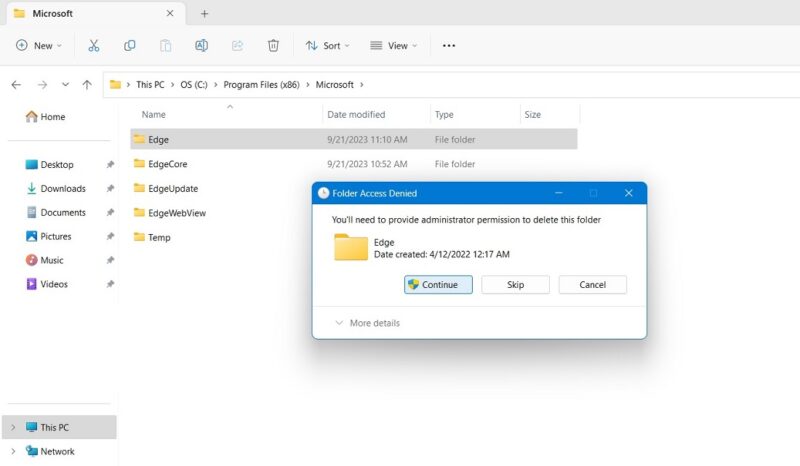 Trying to delete Edge folder in Windows leading to admin permissions to confirm the request.