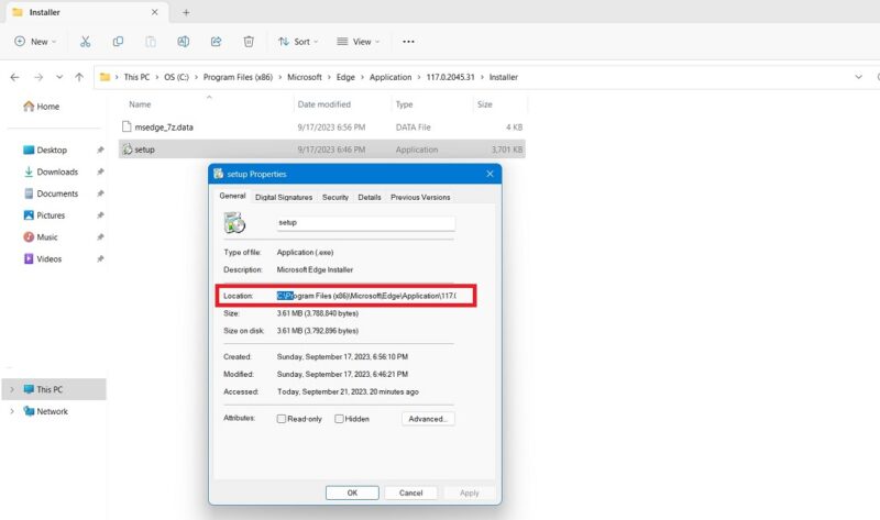 Microsoft Edge lnstaller location on a Windows PC deep inside Program Files (x86) folder.