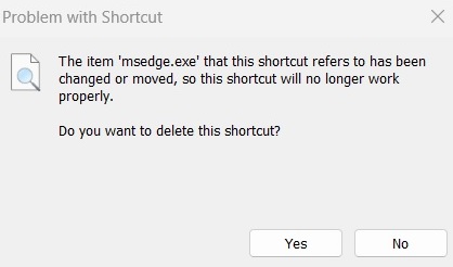 Edge browser shortcut changed or moved message.