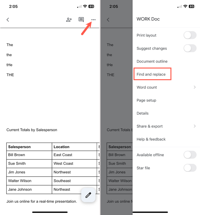 Find and Replace in the More menu in Google Docs on mobile