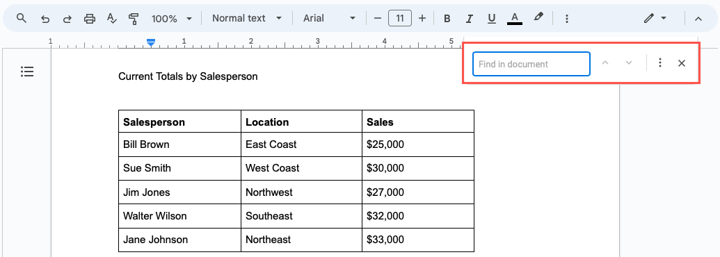 Find tool in Google Docs on the web