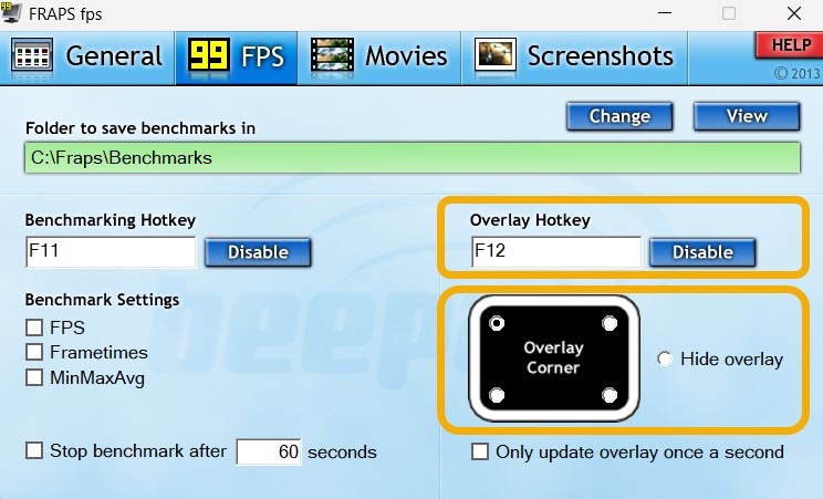 Selecting position of FPS counter in Fraps app. 