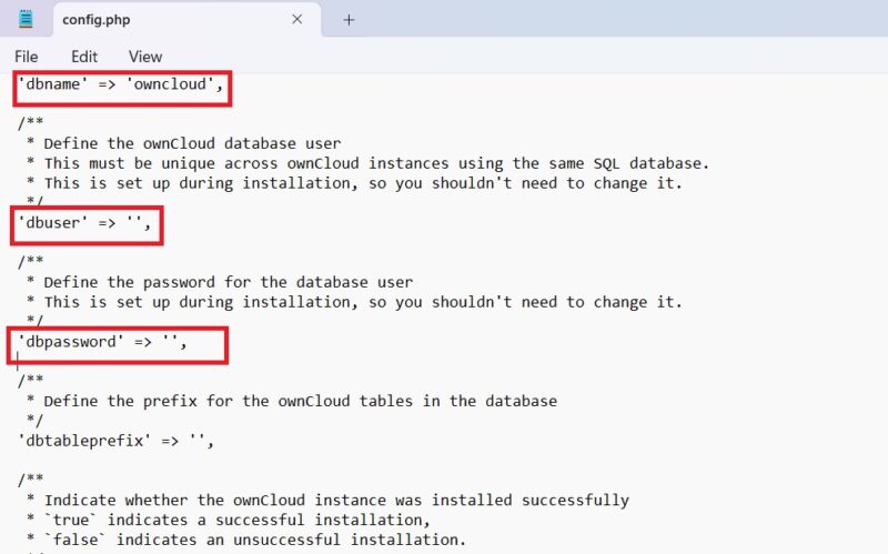 Values of DbName, DbUser, DbPassword set up for OwnCloud in Config file.