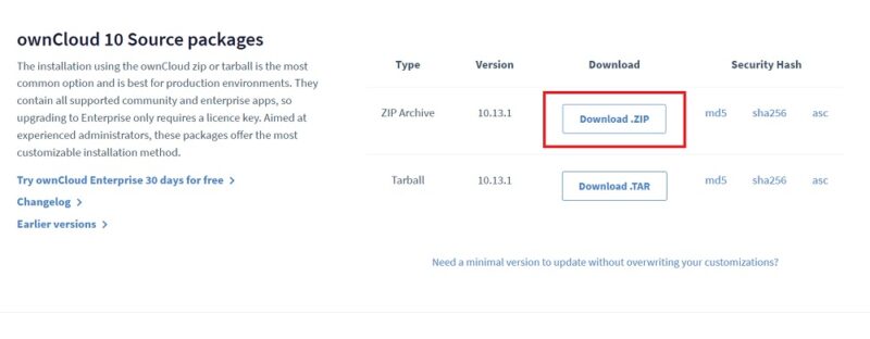Downloading Zip Package for OwnCloud server on Windows.