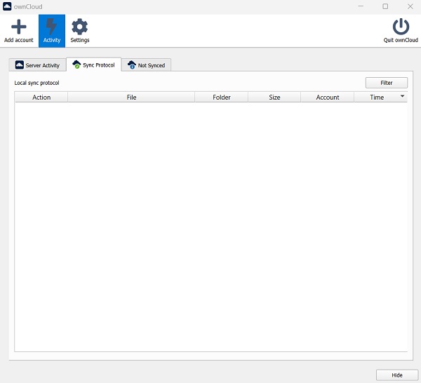 View of Sync protocol screen on OwnCloud.