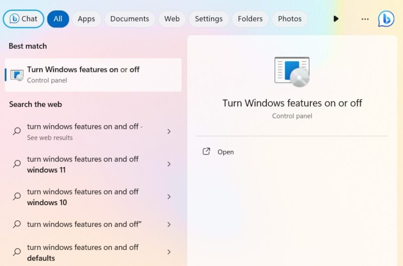 Opening "Turn Windows Features on and off" from Windows Search.