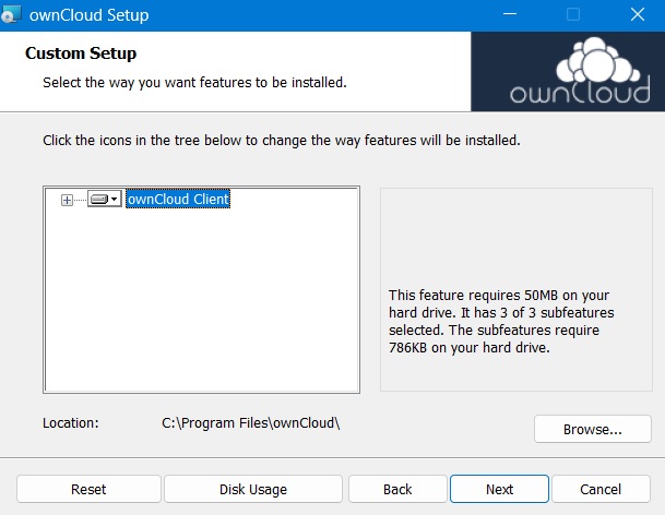 OwnCloud client being installed on Windows device.