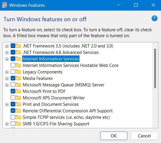 Enabling IIS on via Windows Features.
