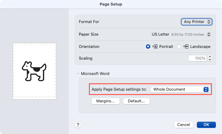 Page Setup Apply To box in Word on Mac