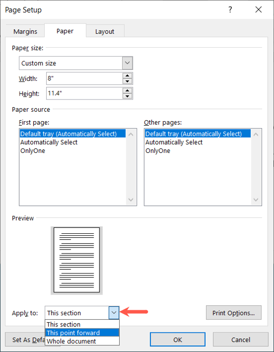 Page Setup Apply To menu in Word on Windows