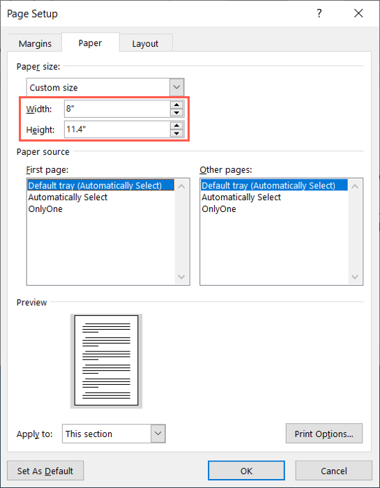 Custom paper size in Word on Windows