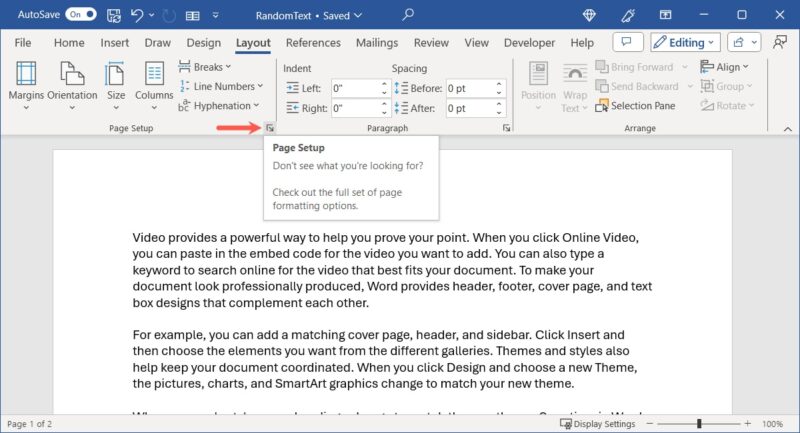 Page Setup Launcher in Word on Windows