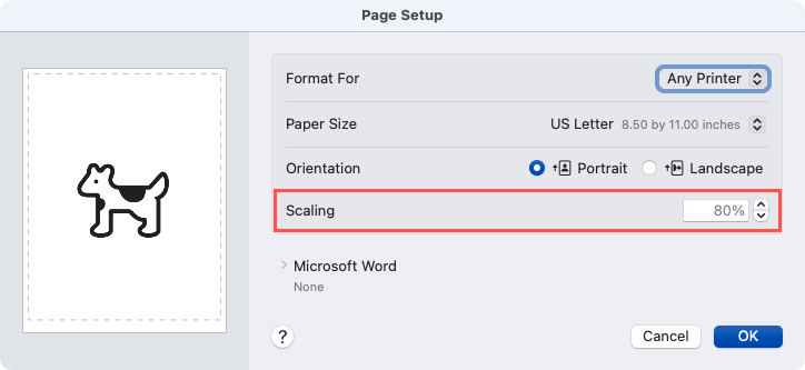 Page Setup Scaling option in Word on Mac