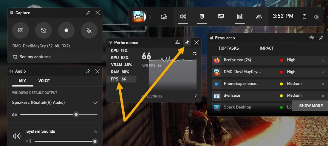 Pinning FPS setting in Xbox Game Bar overlay. 