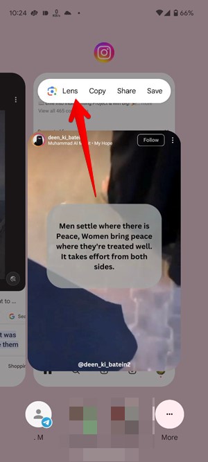 Tapping on "Lens" option in Recent Apps screen on Pixel phone.