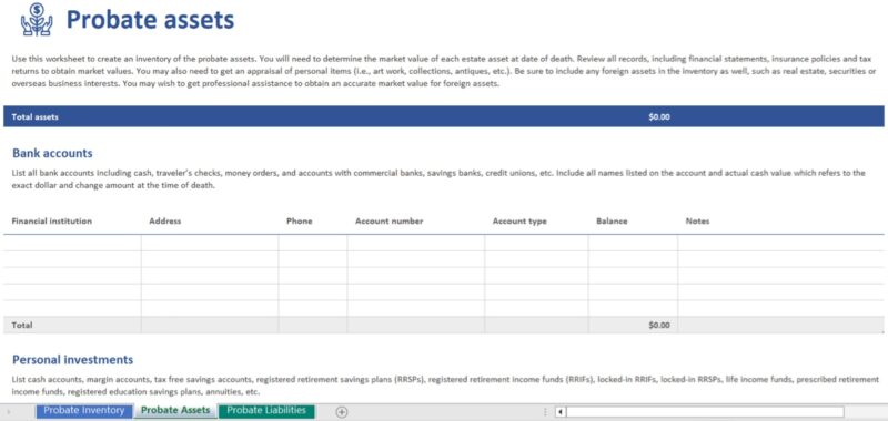 Probate Inventory template for Excel
