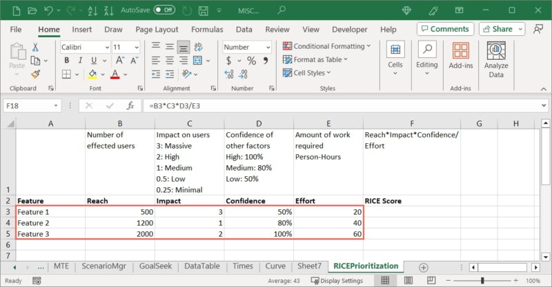RICE features and ratings in Excel