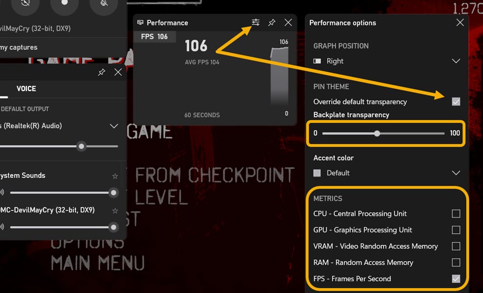 Clicking on "Performance" icon to tweak the transparency of FPS overlay. 