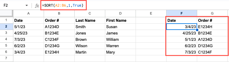 Sort function and formula for ascending in Google Sheets
