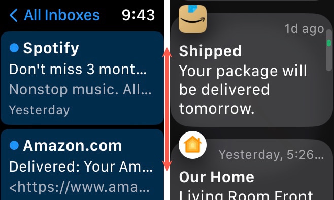 Scroll emails and notifications on Apple Watch