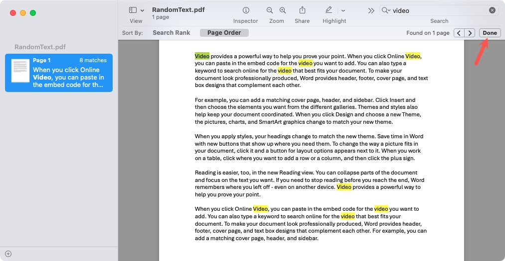Done button for a search in Preview on Mac