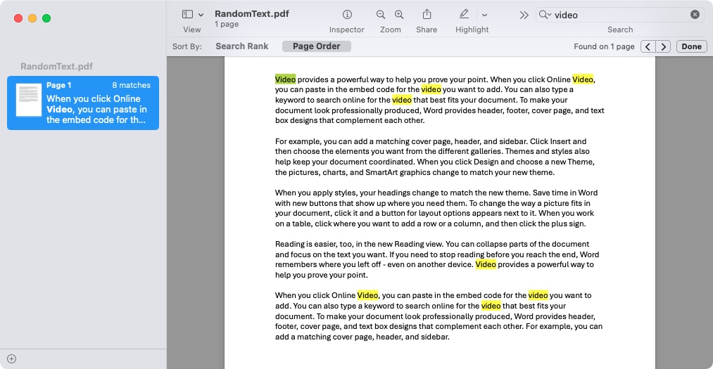 Search results in Preview on Mac