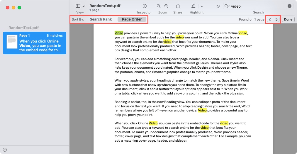 Search Sort options and arrows in Preview on Mac
