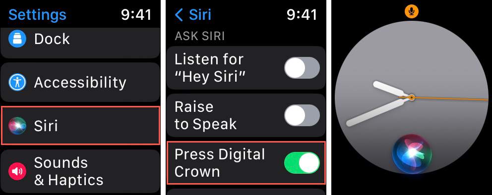 Siri Press Digital Crown setting on Apple Watch to reach Siri