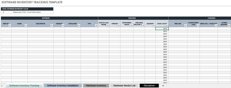 Software Inventory template for Excel