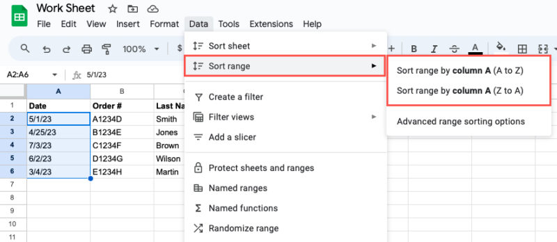 Sort Range by Column options in Google Sheets
