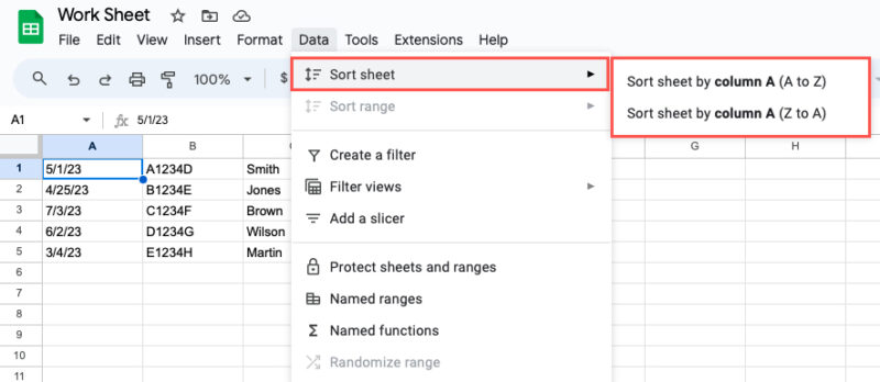 Sort Sheet by Column options in Google Sheets